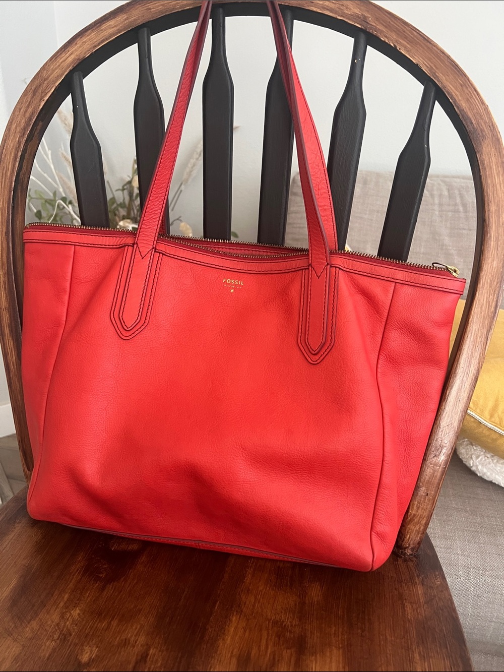 Fossil Bright Red Leather Tote with Gold Hardware